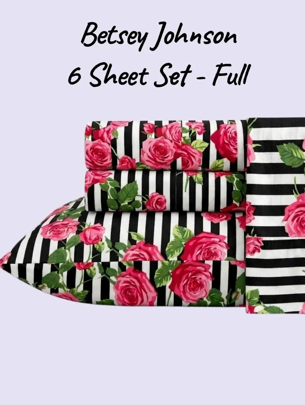Nwt Betsey Johnson Full Sheet Set - Pink Roses on Black & White Stripe